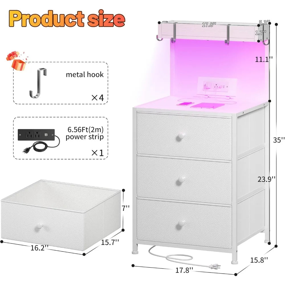 Nightstand Set of 2 w Charging Station, Led Lights, 3 Drawers and Shelve