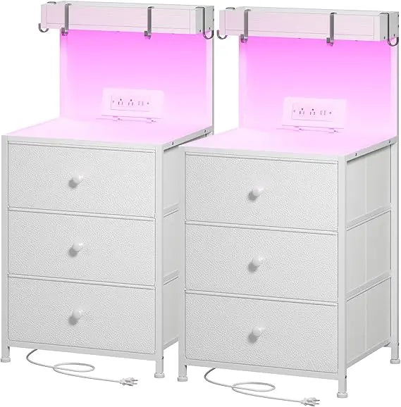 Nightstand Set of 2 w Charging Station, Led Lights, 3 Drawers and Shelve