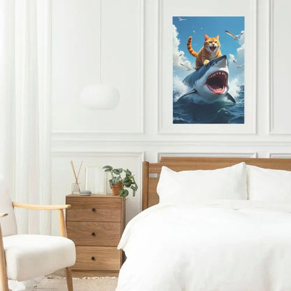 Cat on Shark Canvas Wall Art