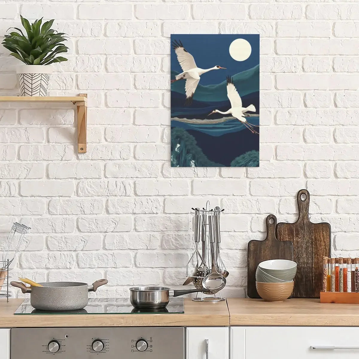 Birds in Evening Moon Canvas Wall Art