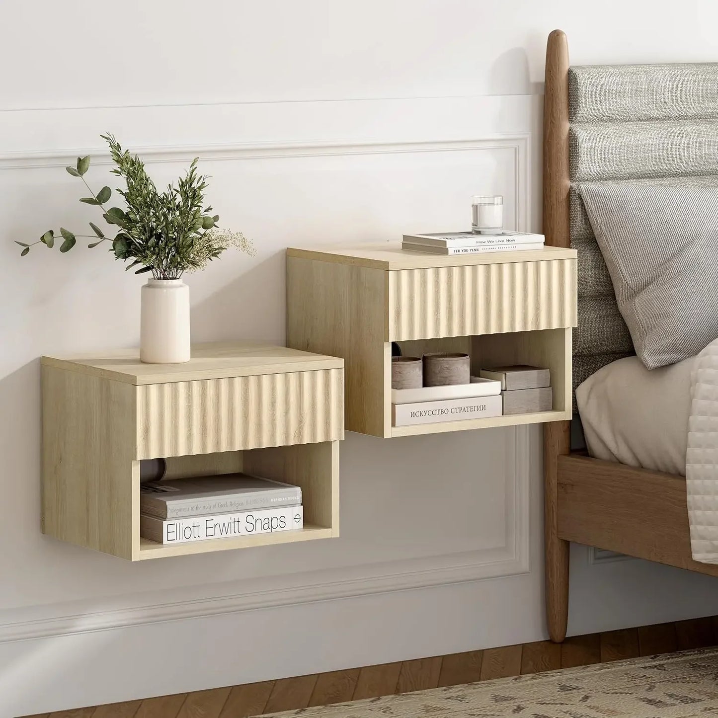 Nightstand Set of 2 with Drawer, Floating Wall Mounted
