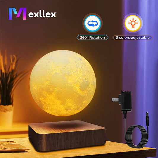 Magnetic Floating Moon Lamp with Wooden Base, 3 Color LED