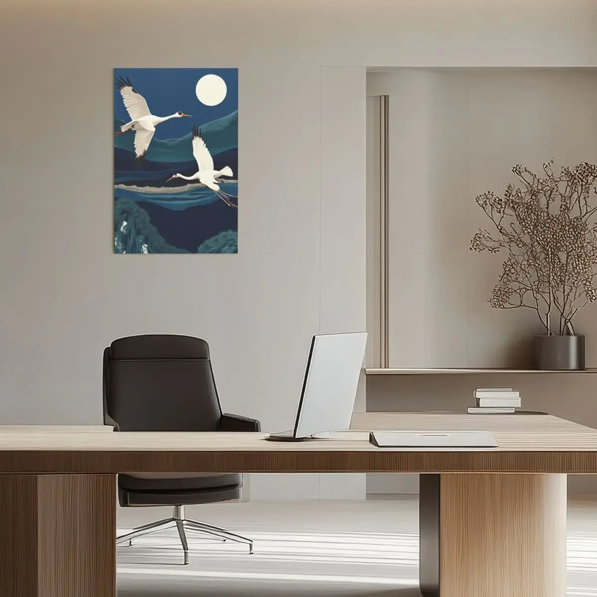 Birds in Evening Moon Canvas Wall Art