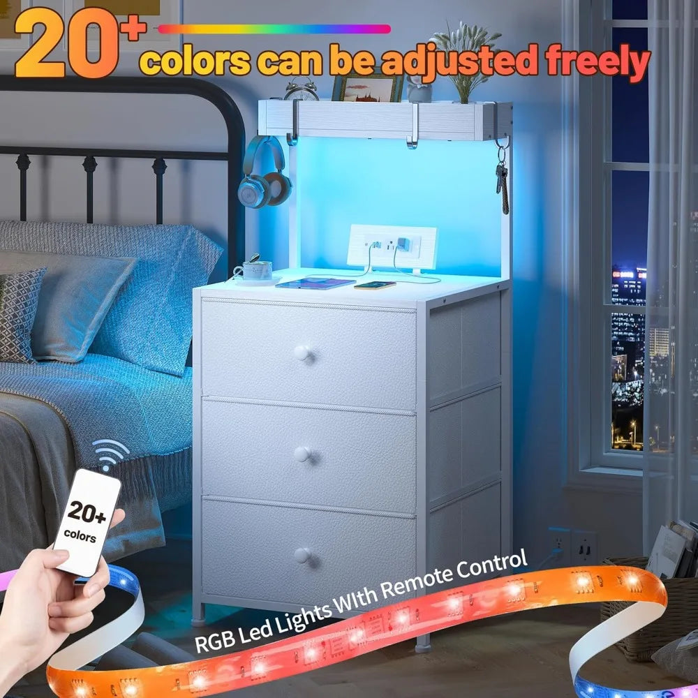 Nightstand Set of 2 w Charging Station, Led Lights, 3 Drawers and Shelve