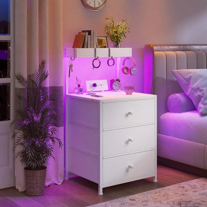 Nightstand Set of 2 w Charging Station, Led Lights, 3 Drawers and Shelve