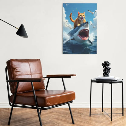 Cat on Shark Canvas Wall Art