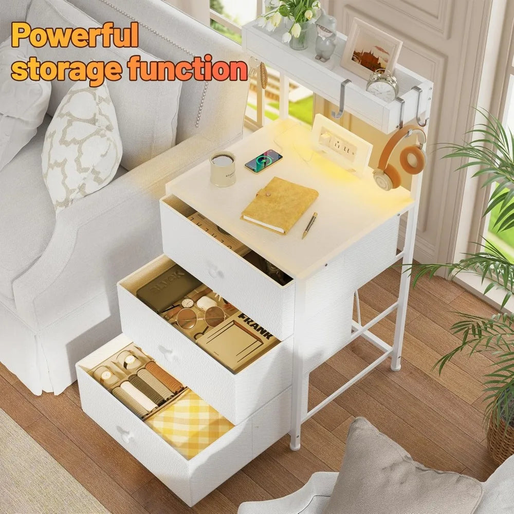 Nightstand Set of 2 w Charging Station, Led Lights, 3 Drawers and Shelve