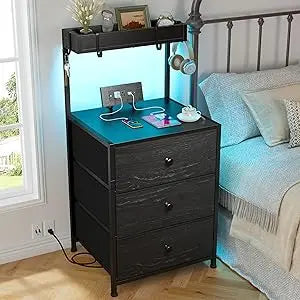Nightstand Set of 2 w Charging Station, Led Lights, 3 Drawers and Shelve