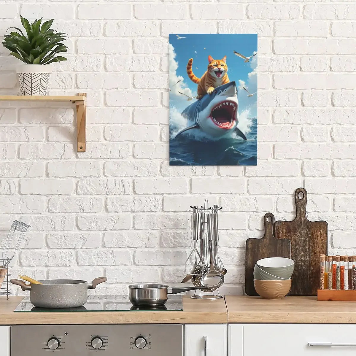Cat on Shark Canvas Wall Art