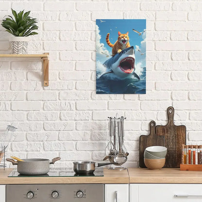 Cat on Shark Canvas Wall Art