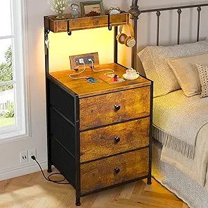 Nightstand Set of 2 w Charging Station, Led Lights, 3 Drawers and Shelve