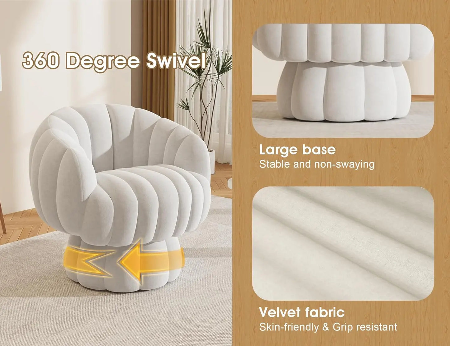 Velvet Barrel Chair, Swivels 360 degrees